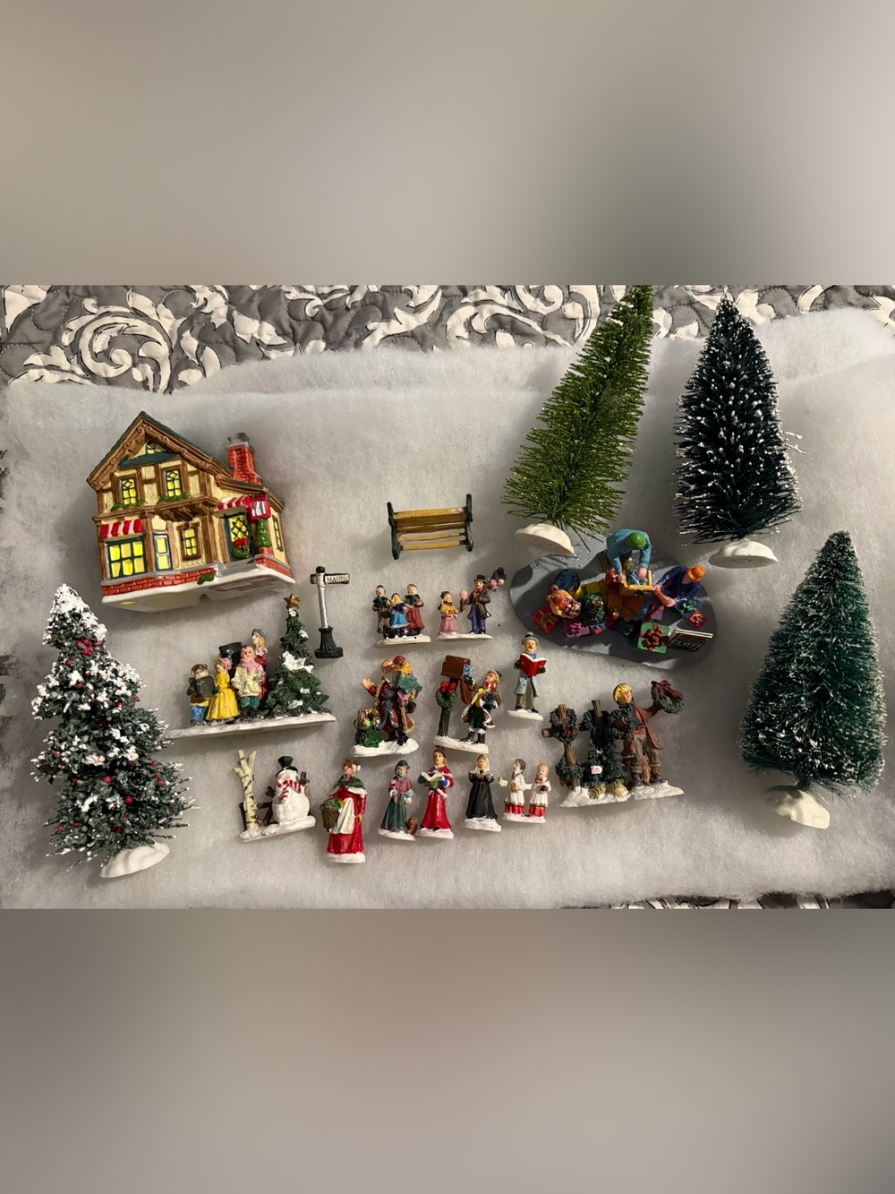 Holiday Carolers Christmas village people trees accessories bench house